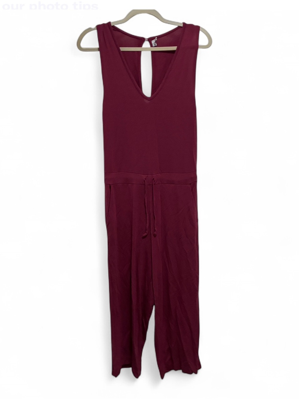 Quince Sleeveless V-Neck Berry Red Jumpsuit with Drawstring Waist